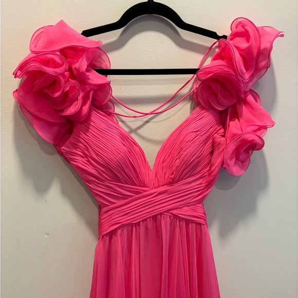 Mac Duggal Vibrant Fuchsia Ruffled Sleeve Maxi Gown - Picture 2 of 6